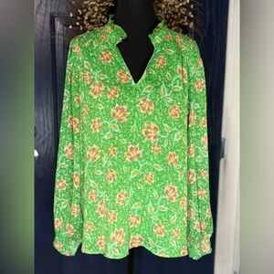 Joie Green & Pink Floral Print Peasant Blouse Women’s Size M